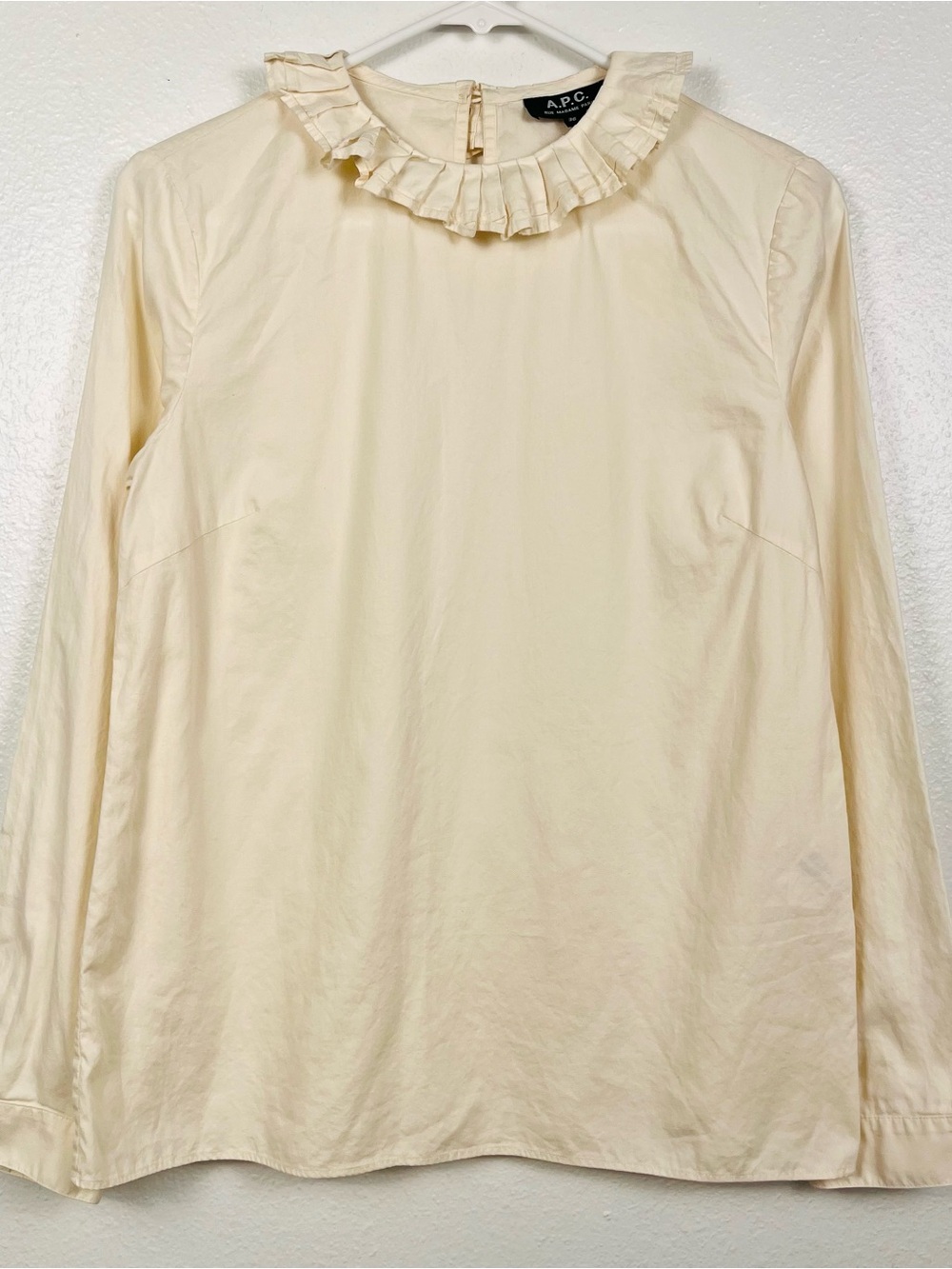 A.P.C. Cream Off-White Ruffled Neck Long-Sleeve Cotton Blouse Top 36/Small